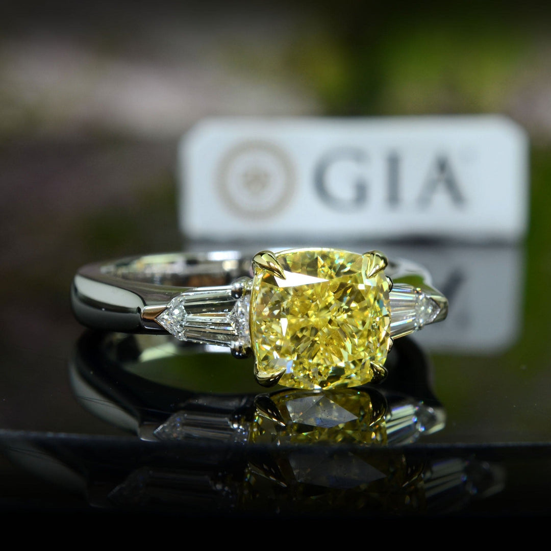 Yellow Cushion & Bullet Cut 3 Stone Diamond Ring