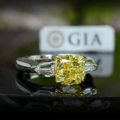 Yellow Cushion & Bullet Cut 3 Stone Diamond Ring
