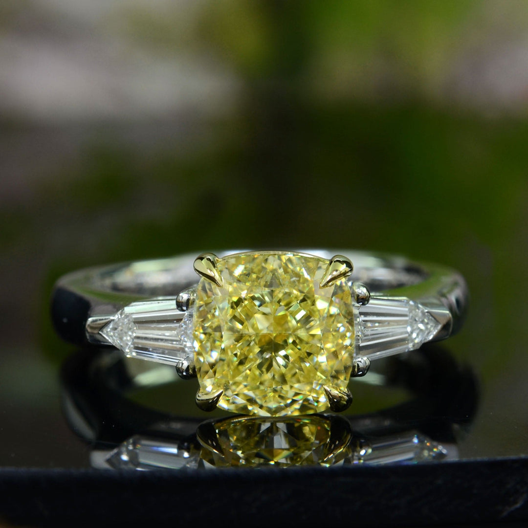 Yellow Cushion & Bullet Cut 3 Stone Diamond Ring Front View