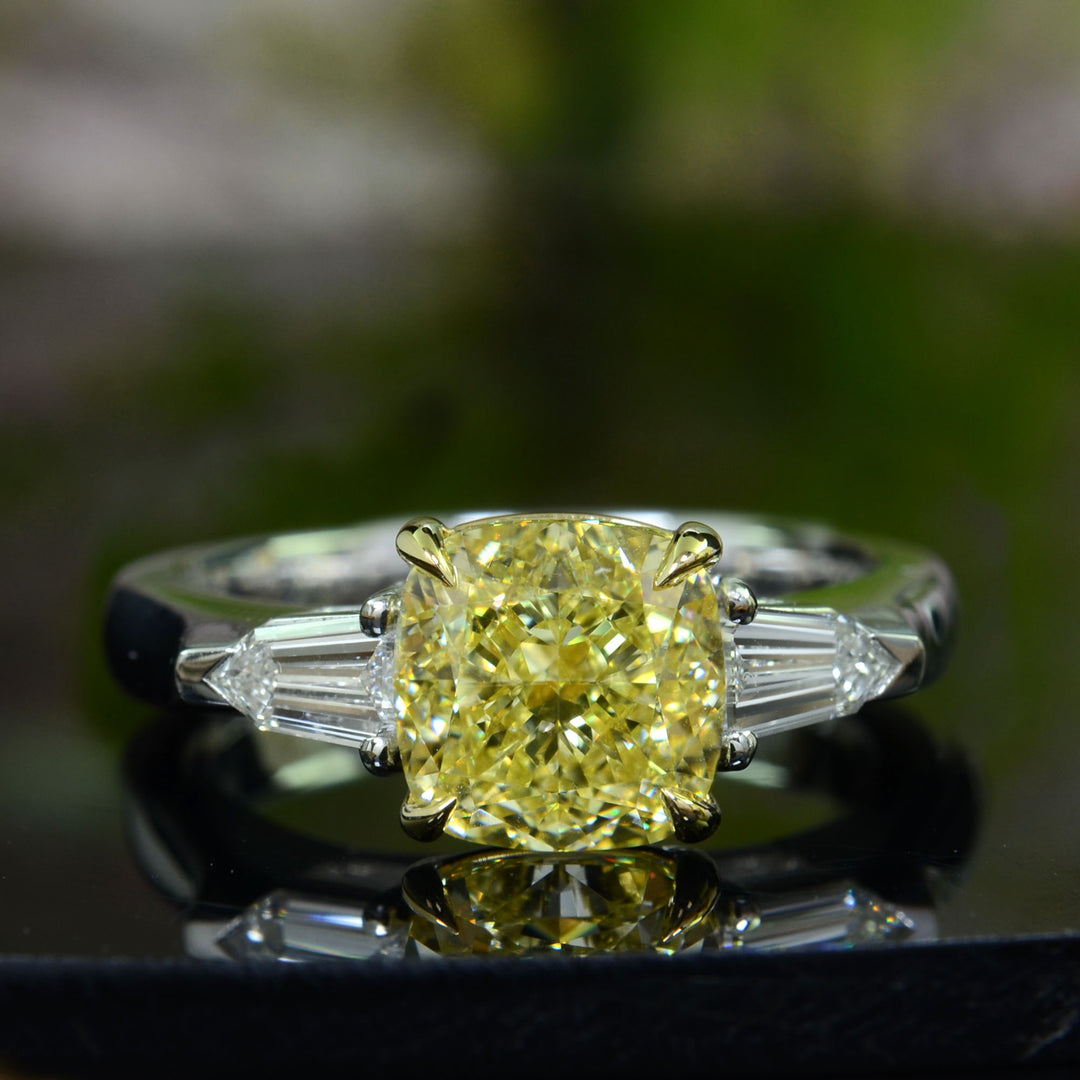 2.30 Ct. Canary Fancy Yellow Cushion Cut & Bullet Cut 3 Stone Ring VS2 GIA Certified