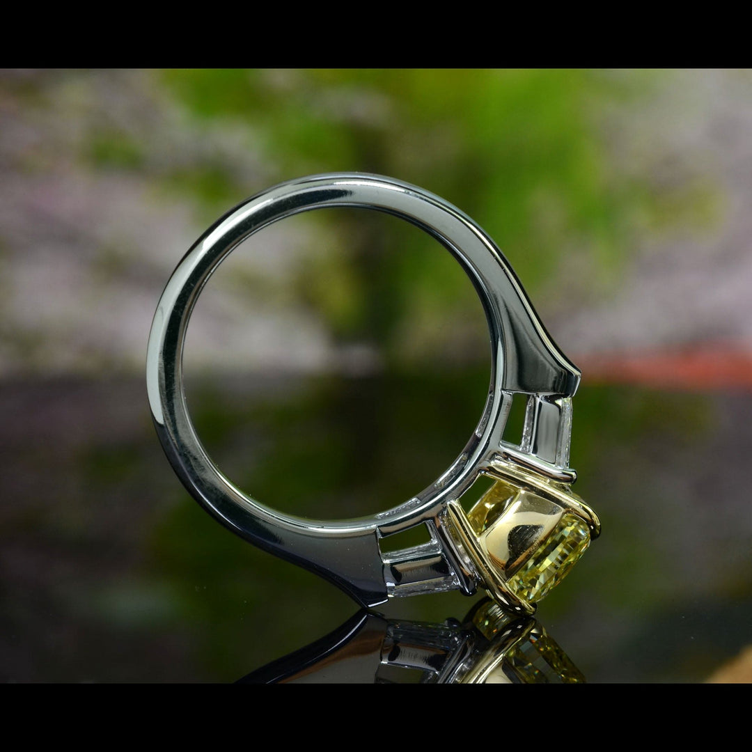 Yellow Cushion & Bullet Cut 3 Stone Diamond Ring Angled View