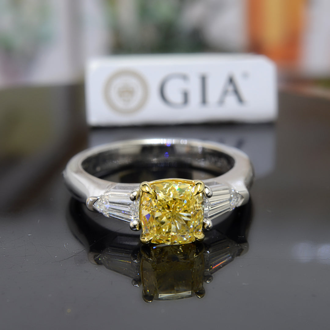 2.30 Ct. Canary Fancy Yellow Cushion & Bullet Cut 3 Stone Diamond Ring SI1 GIA Certified