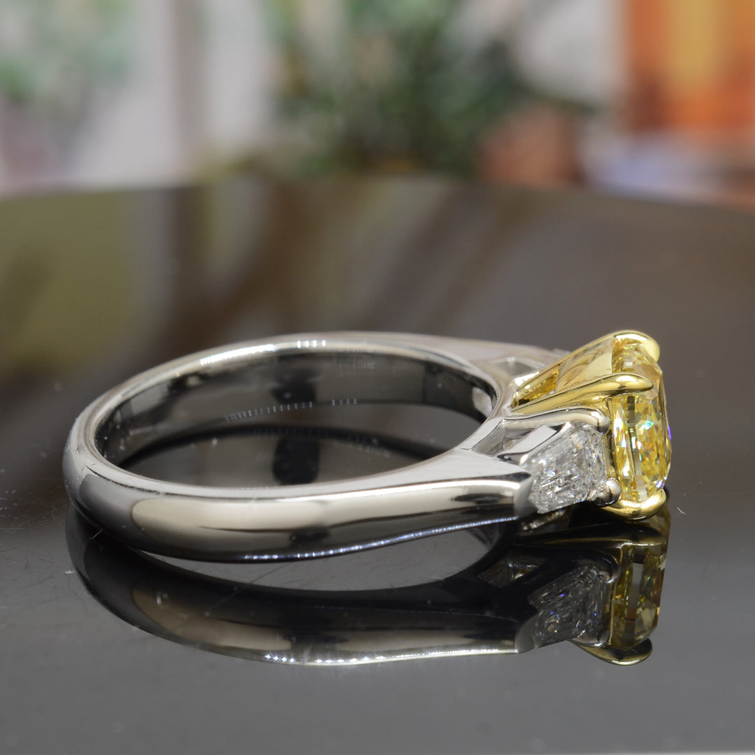 2.30 Ct. Canary Fancy Yellow Cushion & Bullet Cut 3 Stone Diamond Ring SI1 GIA Certified
