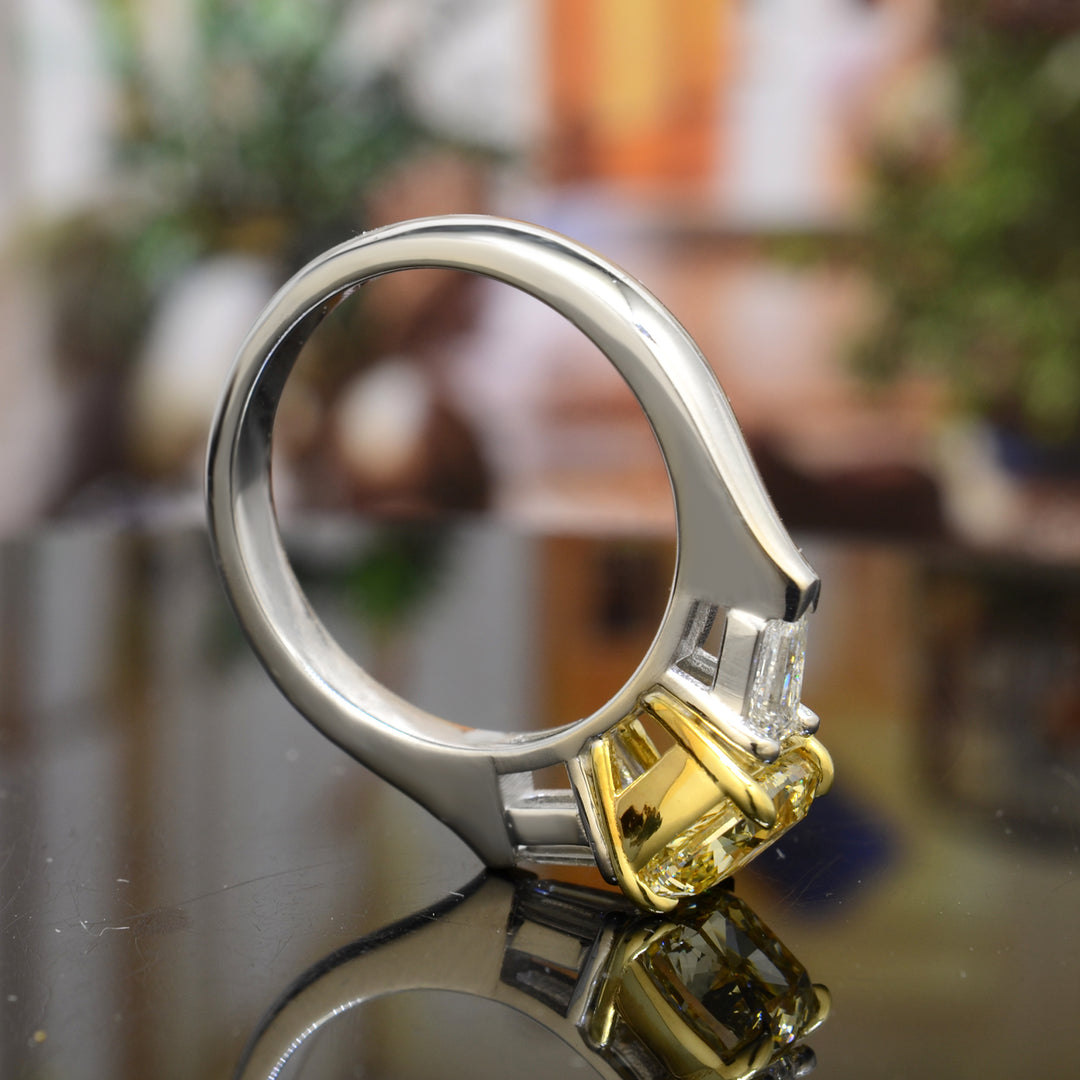 2.30 Ct. Canary Fancy Yellow Cushion & Bullet Cut 3 Stone Diamond Ring SI1 GIA Certified