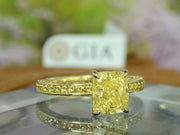 2.95 Ctw Canary Fancy Yellow Cushion with Pave Yellow Diamond Ring VVS2 GIA