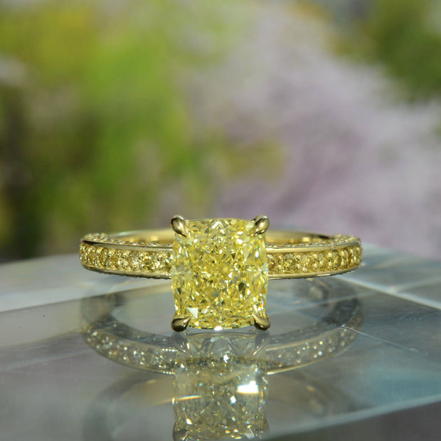 2.75 Ctw Canary Fancy Yellow Cushion with Pave Yellow Diamond Ring Flawless GIA