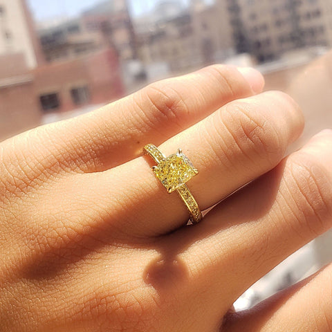 2.95 Ctw Canary Fancy Yellow Cushion with Pave Yellow Diamond Ring VVS2 GIA