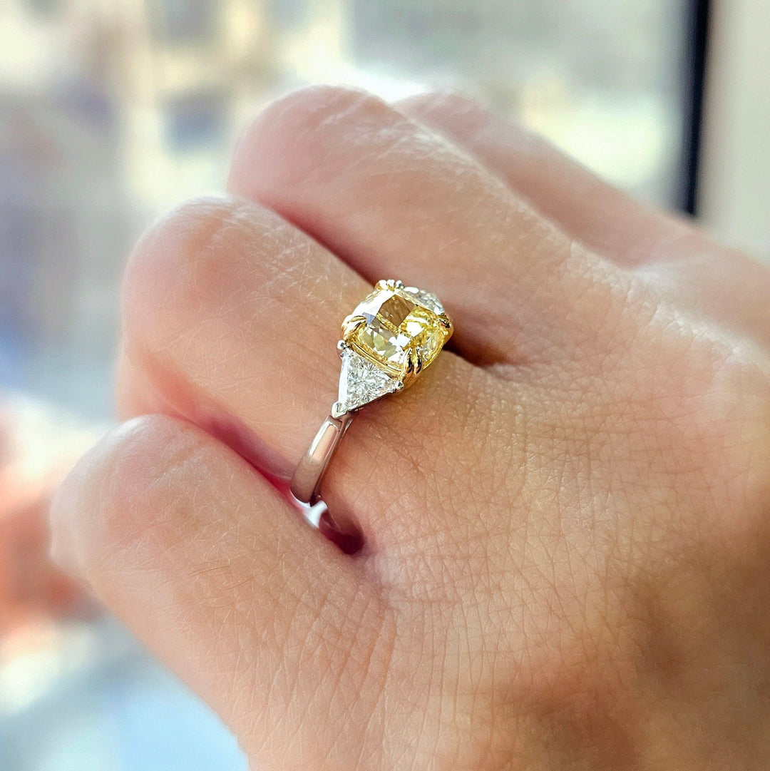 2.60 Ctw Canary Fancy Yellow Cushion & Trillion Cut Diamond Ring Flawless GIA