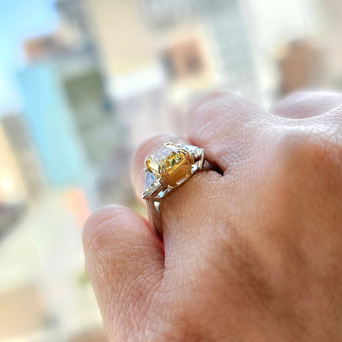 2.80 Ctw Canary Fancy Yellow Cushion & Trillion Cut Diamond Ring VS2 GIA