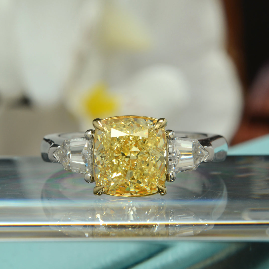 2.60 Ctw. Canary Fancy Yellow Cushion & Bullet Three-Stone Ring VS1 GIA Certified
