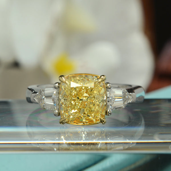 2.60 Ctw. Canary Fancy Yellow Cushion & Bullet Three-Stone Ring VS1 GIA Certified