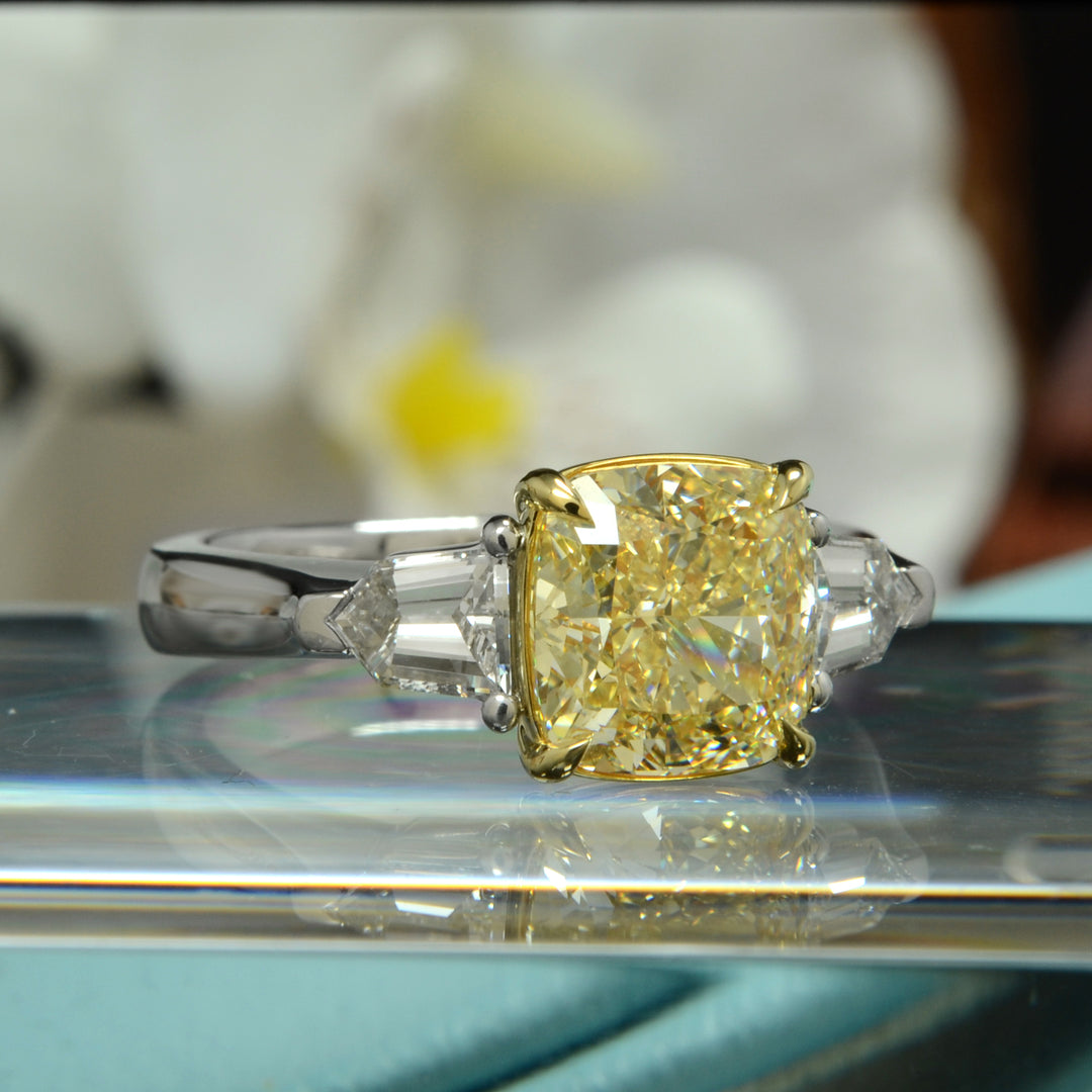 2.60 Ctw. Canary Fancy Yellow Cushion & Bullet Three-Stone Ring VS1 GIA Certified