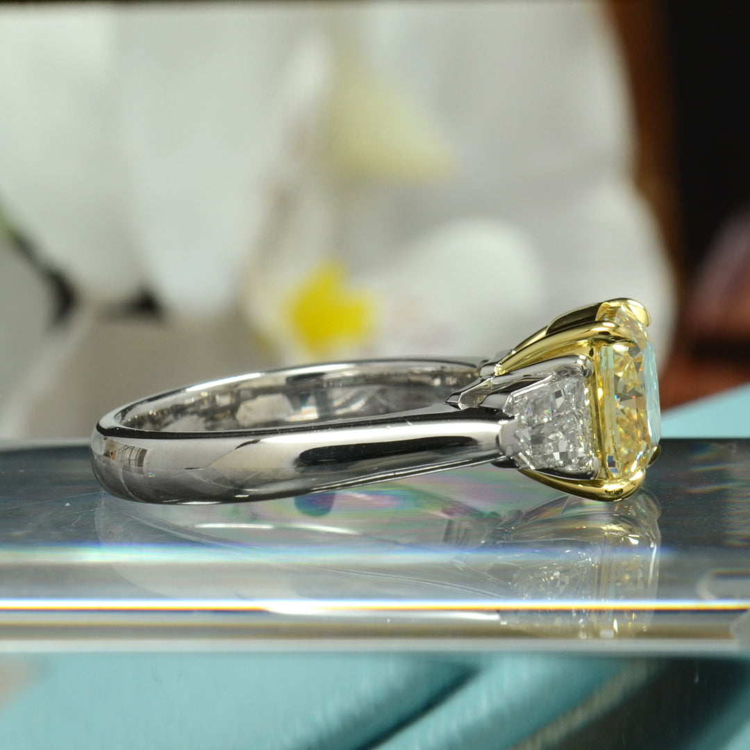 2.60 Ctw. Canary Fancy Yellow Cushion & Bullet Three-Stone Ring VS1 GIA Certified