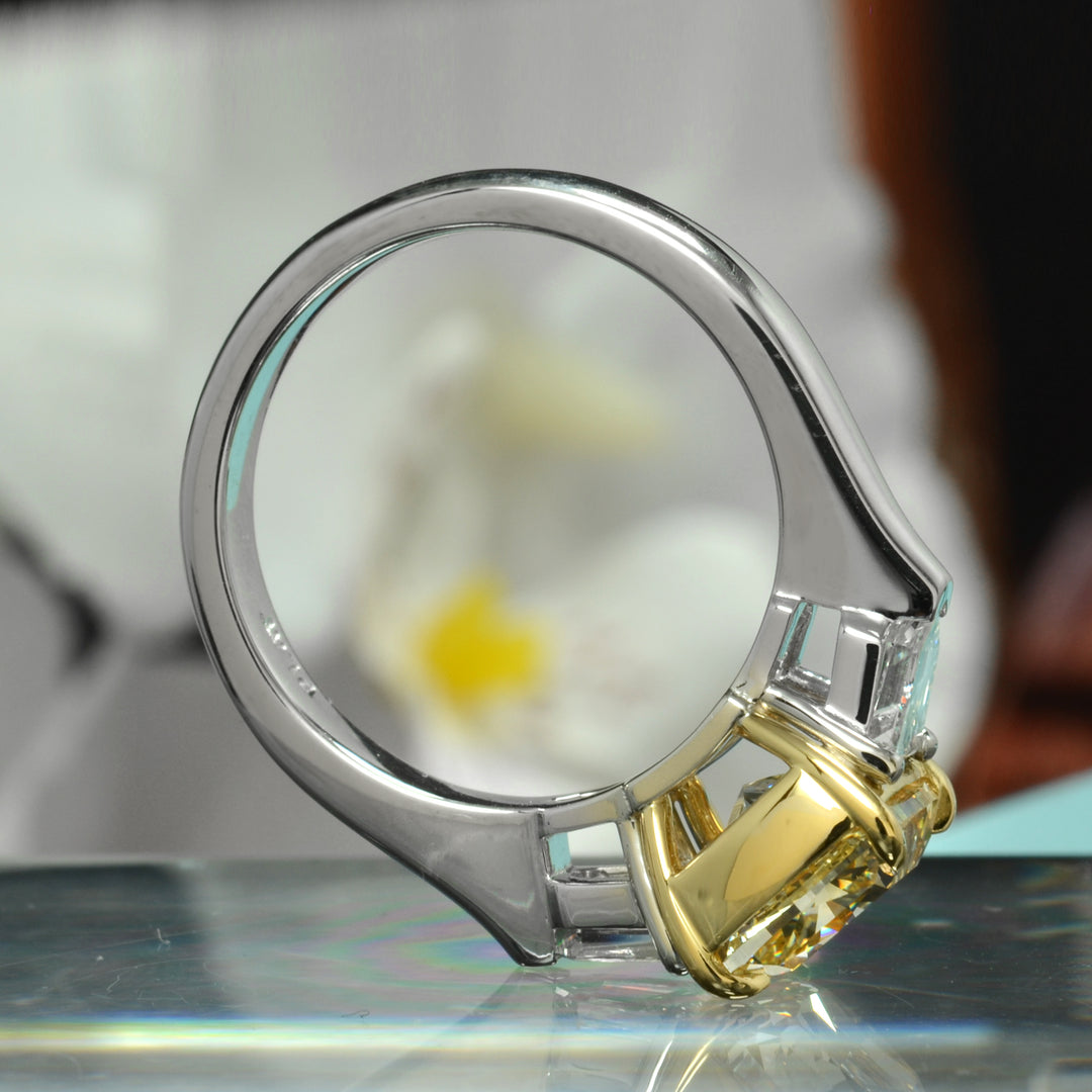 2.60 Ctw. Canary Fancy Yellow Cushion & Bullet Three-Stone Ring VS1 GIA Certified