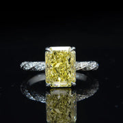 Lab Grown Yellow Rectangular Radiant Cut Hidden Halo Diamond Twist Pave Ring VVS2 IGI