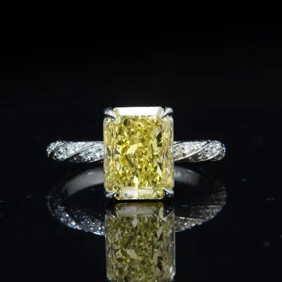 Lab Grown Yellow Rectangular Radiant Cut Hidden Halo Diamond Twist Pave Ring VVS2 IGI