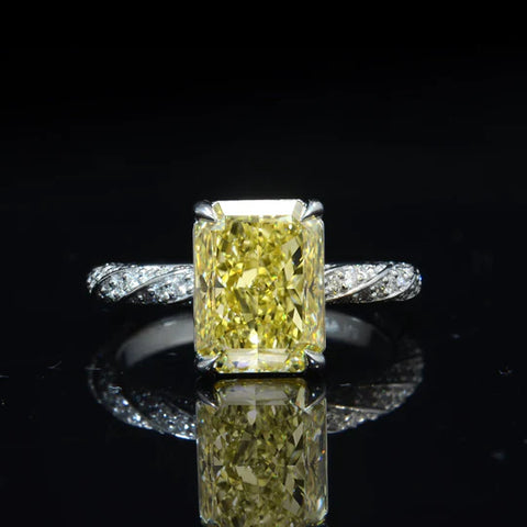 Lab Grown Yellow Rectangular Radiant Cut Hidden Halo Diamond Twist Pave Ring VVS2 IGI