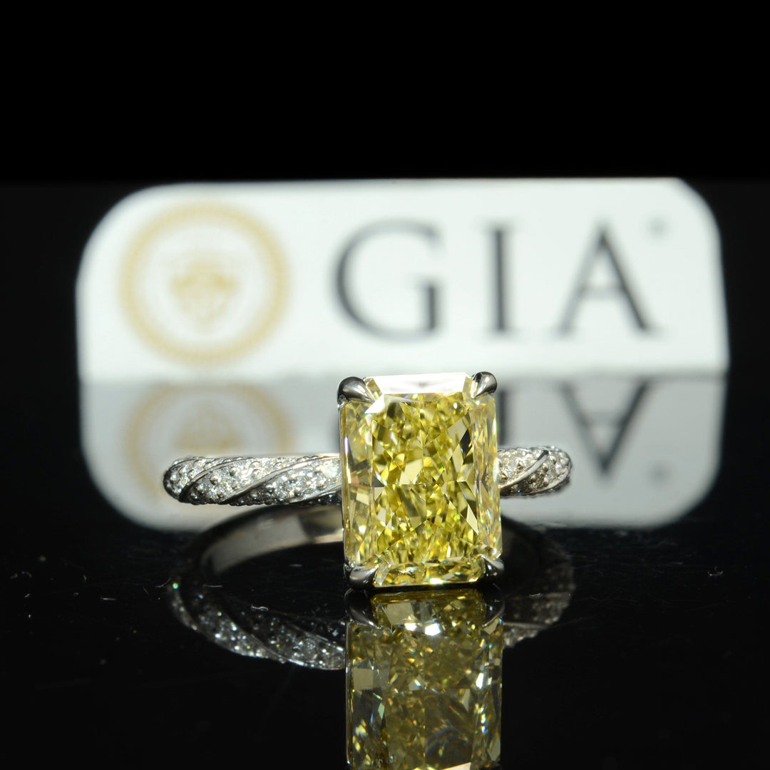 2.00 Ctw Fancy Intense Yellow Radiant Cut Twist Shank Hidden Halo Ring VS1 GIA