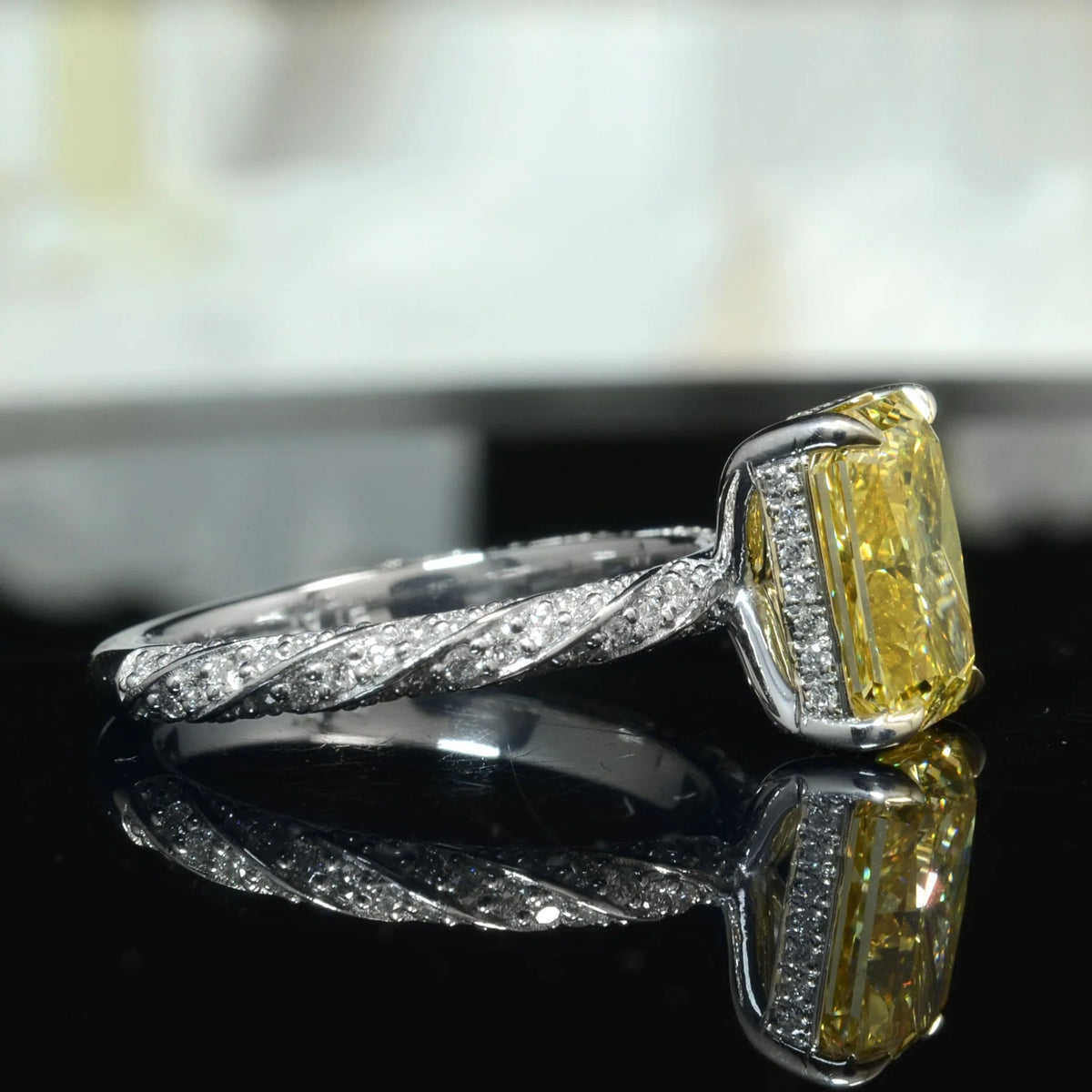 Lab grown yellow rectangular radiant cut hidden halo diamond twist pave ring vvs2 igi