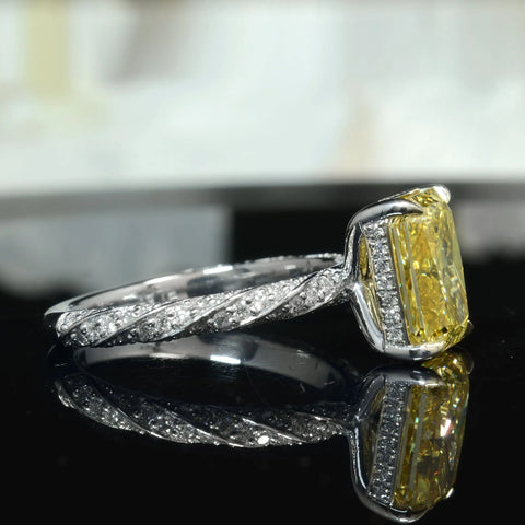 Lab Grown Yellow Rectangular Radiant Cut Hidden Halo Diamond Twist Pave Ring VVS2 IGI