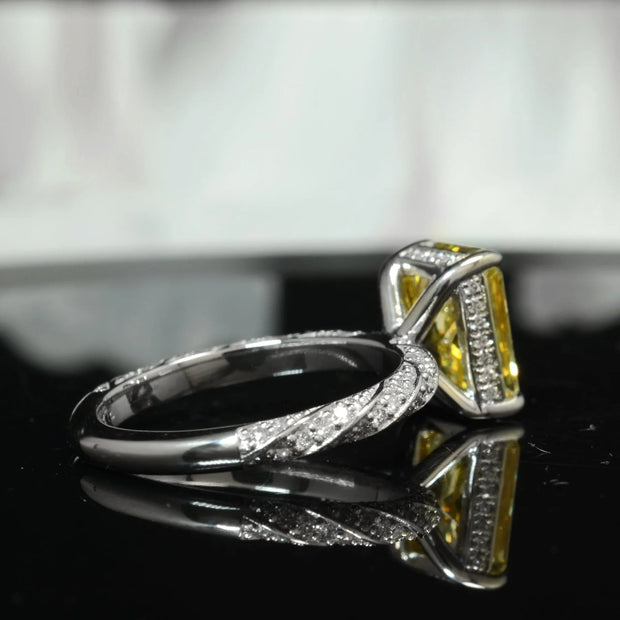 Lab Grown Yellow Rectangular Radiant Cut Hidden Halo Diamond Twist Pave Ring VVS2 IGI