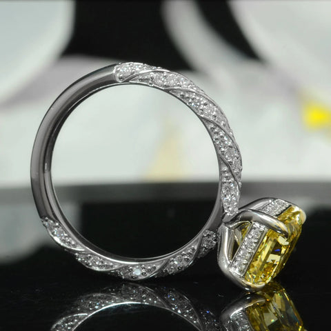 Lab Grown Yellow Rectangular Radiant Cut Hidden Halo Diamond Twist Pave Ring VVS2 IGI