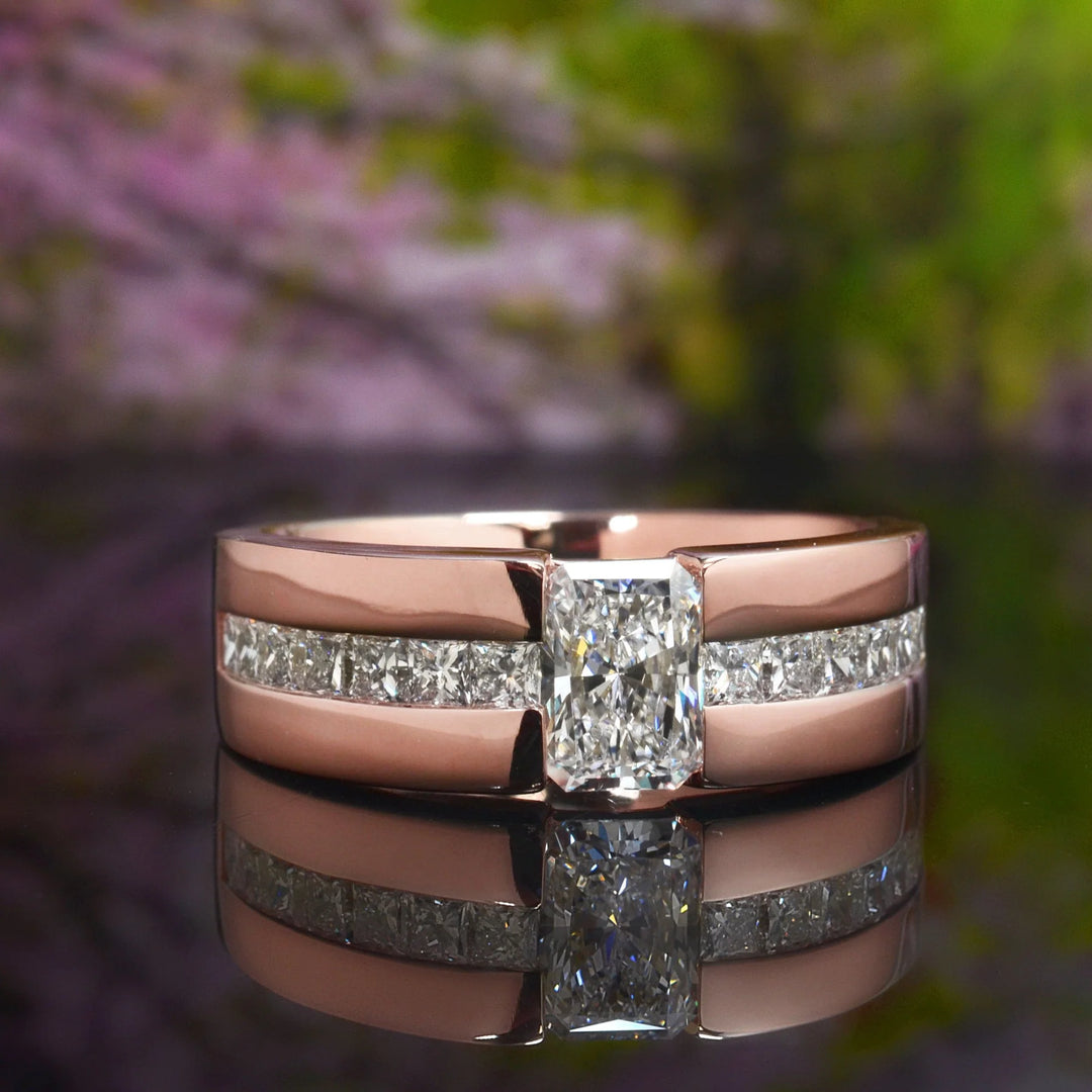 Lab Grown Men's Elongated Radiant and Princess Diamond Ring Tension & Channel Set IGI Certified