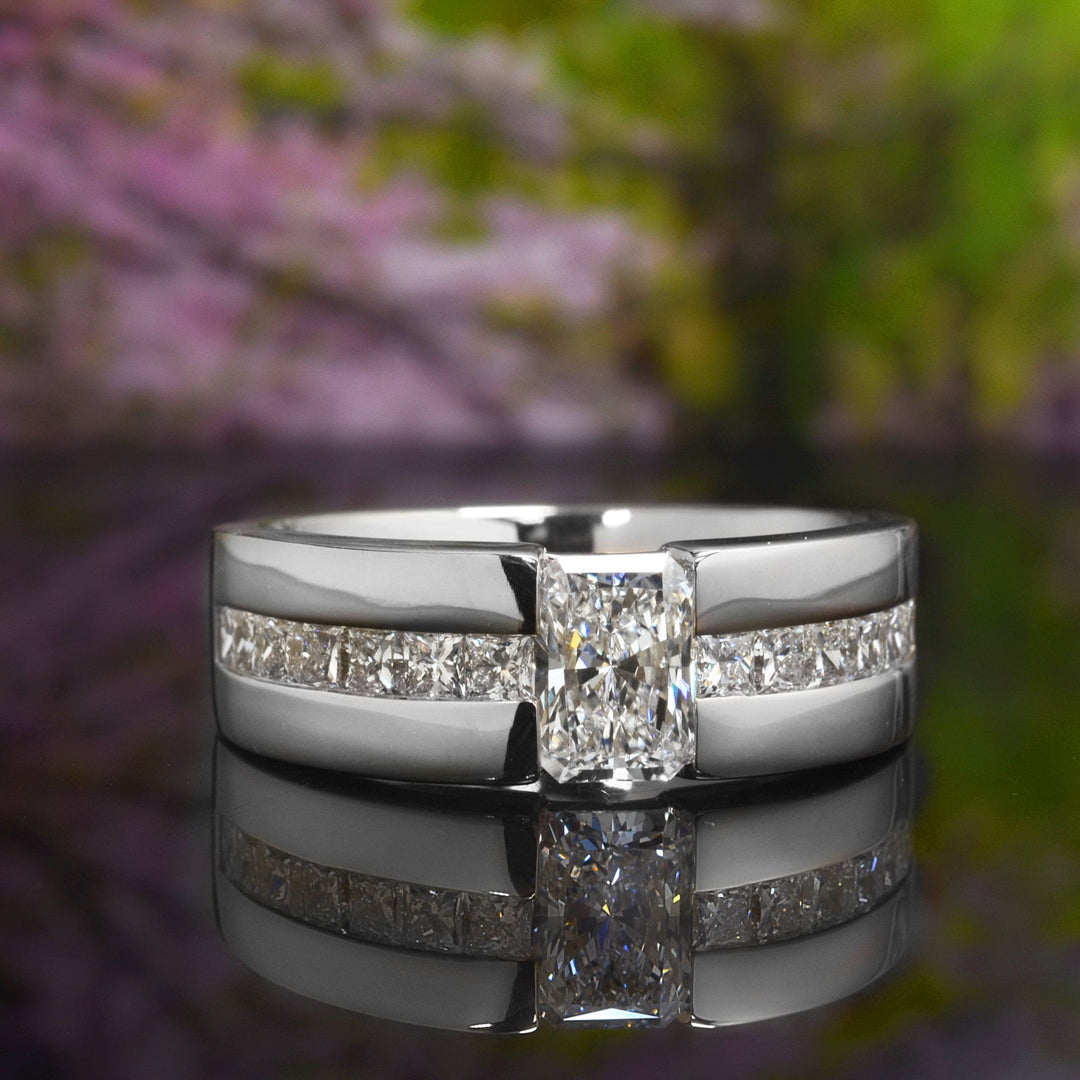 Men's Elongated Radiant Cut Ring Tension Set F Color VS1 GIA Certified (3.20 Ctw.)