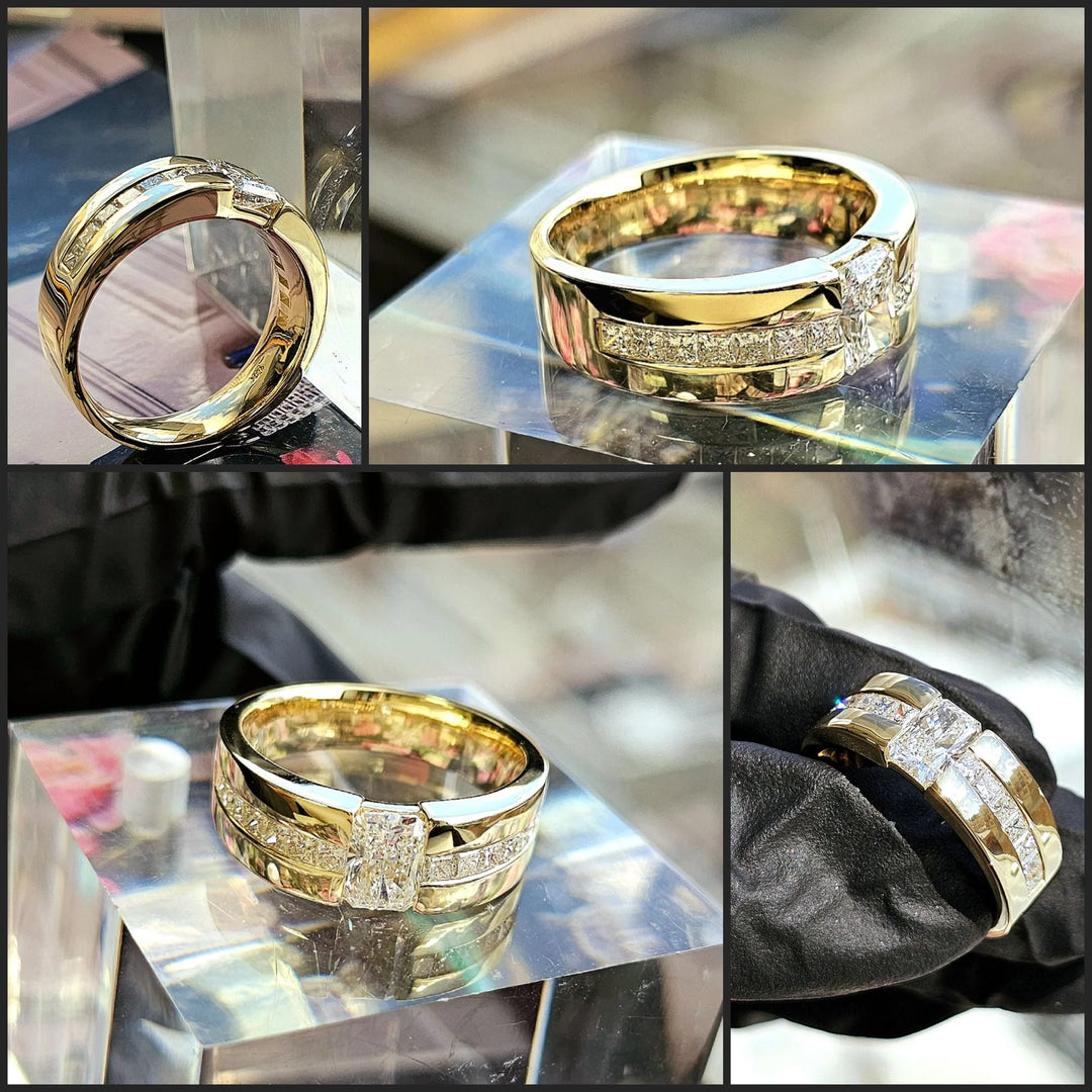 Lab Grown Men's Elongated Radiant and Princess Diamond Ring Tension & Channel Set IGI Certified