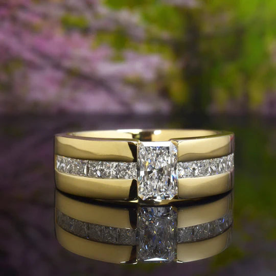 Lab grown men's elongated radiant and princess diamond ring tension & channel set igi certified