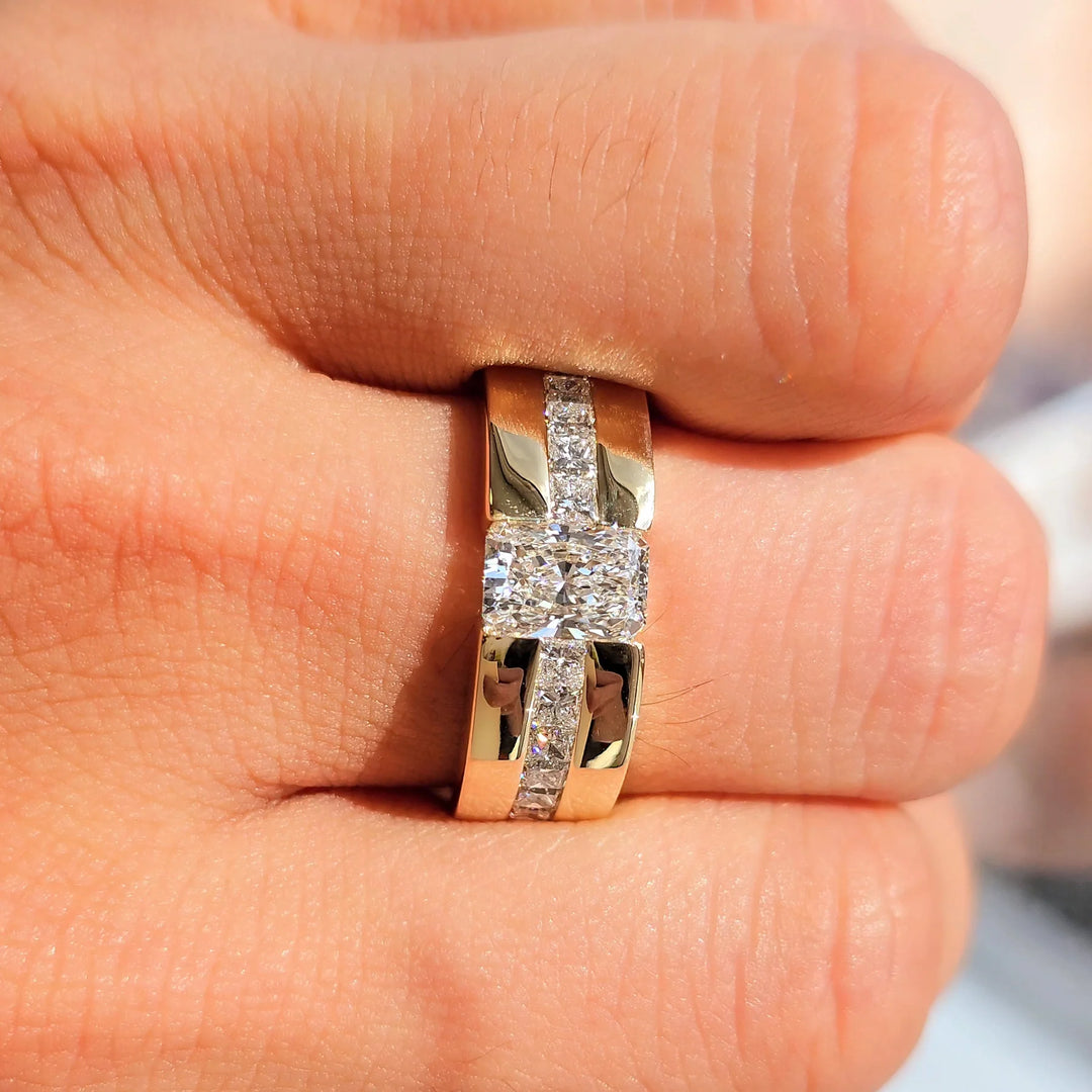 Lab Grown Men's Elongated Radiant and Princess Diamond Ring Tension & Channel Set IGI Certified