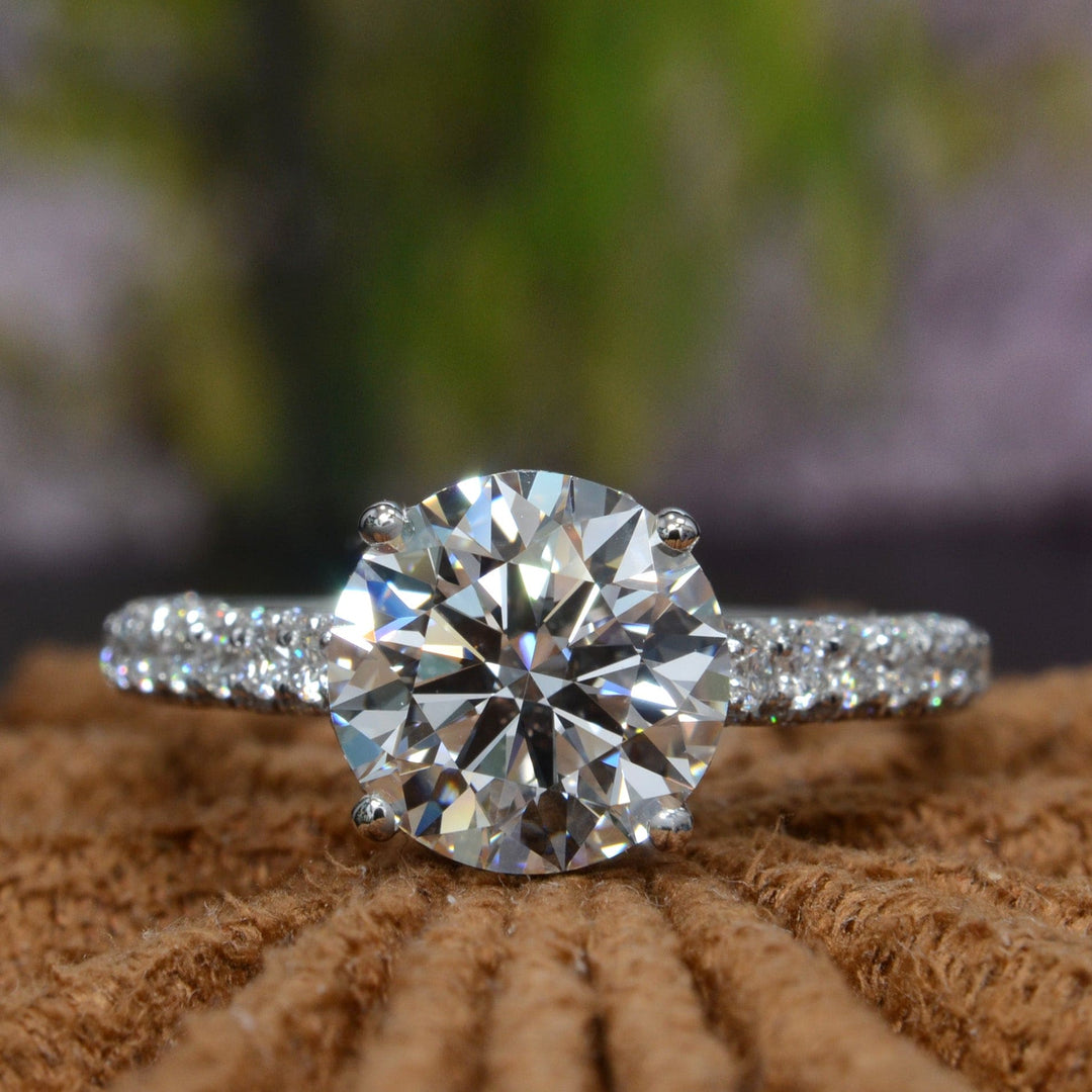 3.10 Ctw. Round Cut Hidden Halo 3-Row Pave Engagement Ring H VS2 GIA Certified 3X