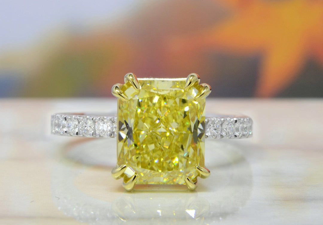 3.75 Ctw Radiant Cut Elongated Fancy Yellow Hidden Halo Ring VS2 GIA Certified