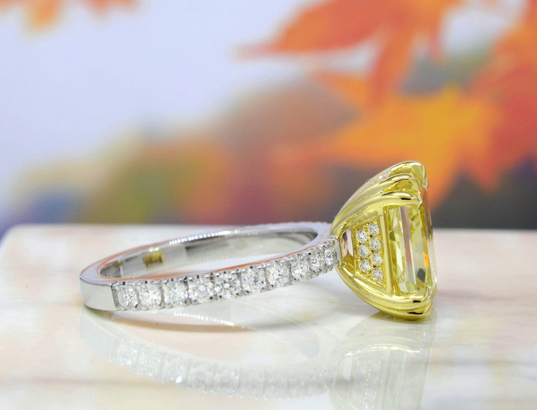 3.75 Ctw Radiant Cut Elongated Fancy Yellow Hidden Halo Ring VS2 GIA Certified