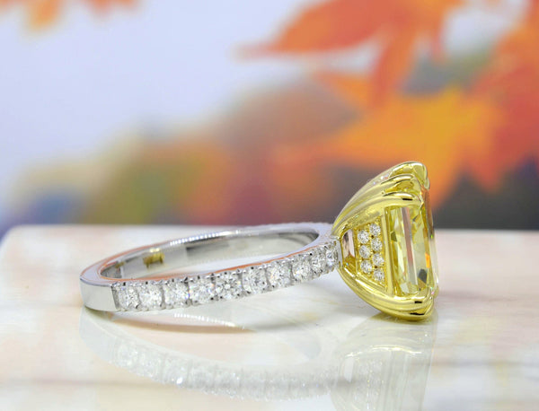3.75 Ctw Radiant Cut Elongated Fancy Yellow Hidden Halo Ring VS2 GIA Certified