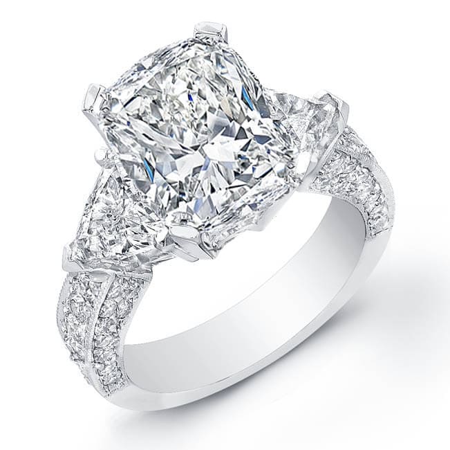 Cushion cut with side trillions and 3 row pave diamond ring in white gold