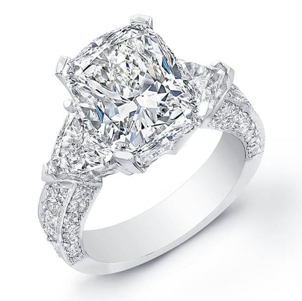 Cushion cut with side trillions and 3 row pave diamond ring in white gold