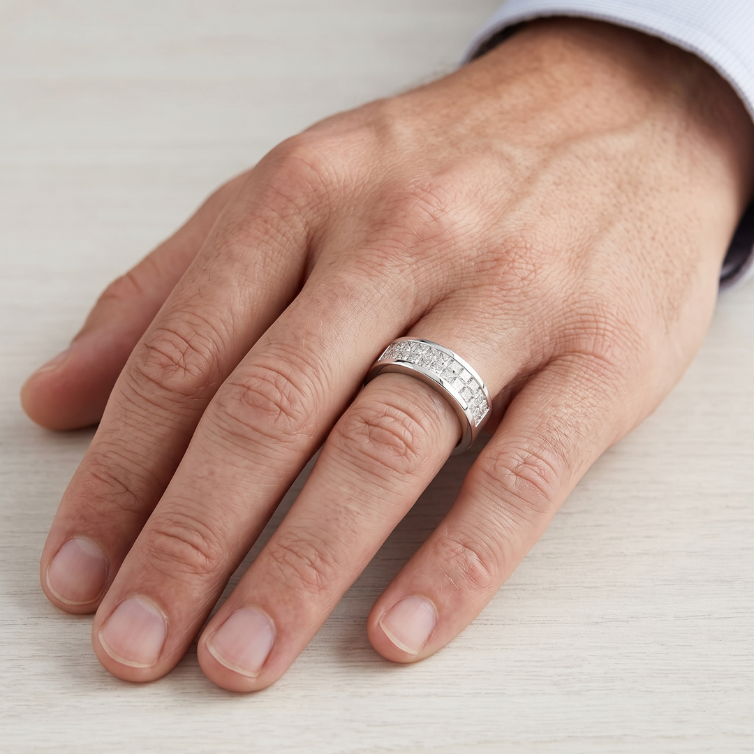 Lab Grown Princess Cut Invisible Set Men's Band Wedding Ring (2.35 Ctw)