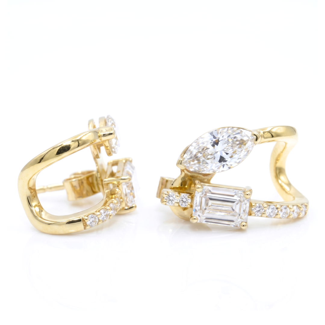 Emerald & Marquise Cut Two-Stone Earrings with Round Pave in yellow gold side & front view