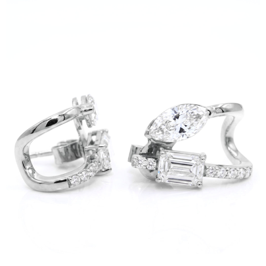 Emerald & Marquise Cut Two-Stone Earrings with Round Pave in white gold side & front view