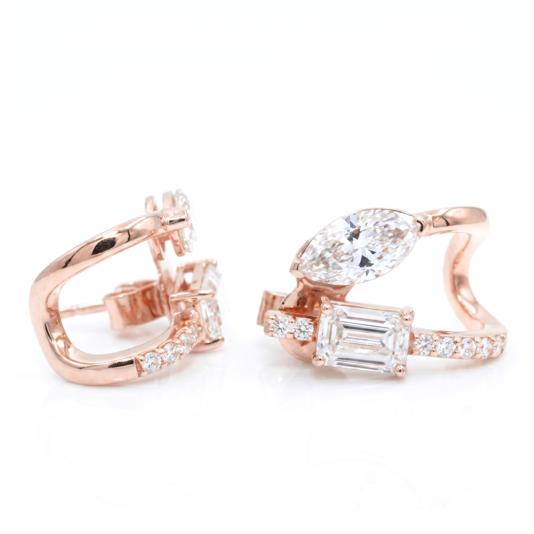 Emerald & Marquise Cut Two-Stone Earrings with Round Pave in rose gold side & front view