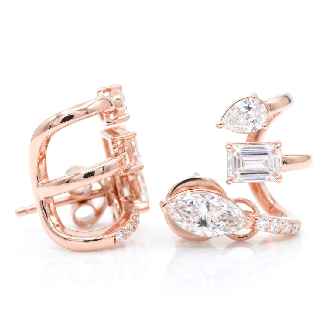 Multi-Shape Diamond Curved Crawler Earrings with Marquise, Emerald , Pear and pave Round cut in rose gold side  & front view
