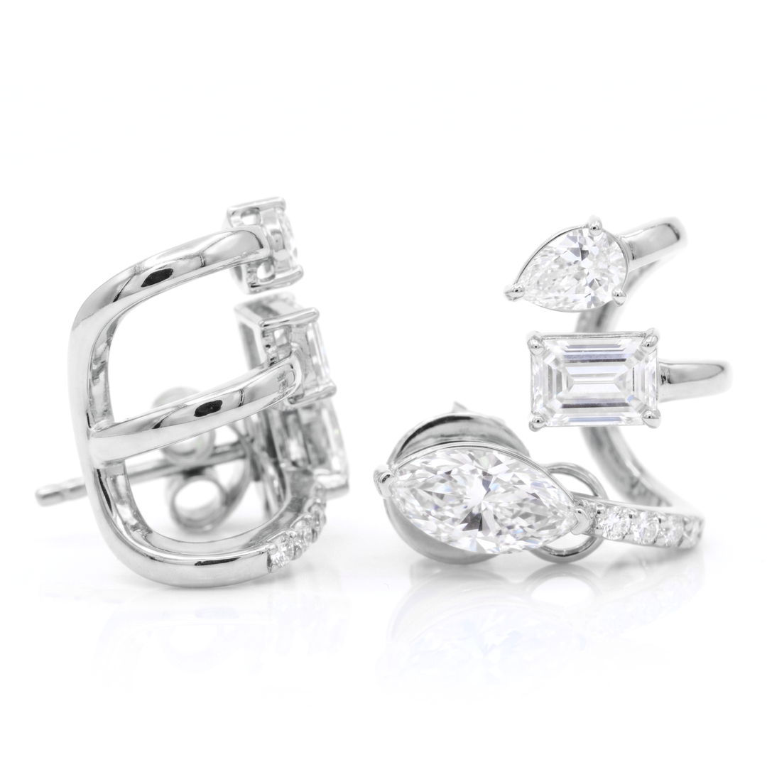 Multi-Shape Diamond Curved Crawler Earrings with Marquise, Emerald , Pear and pave Round cut in white gold side  & front view