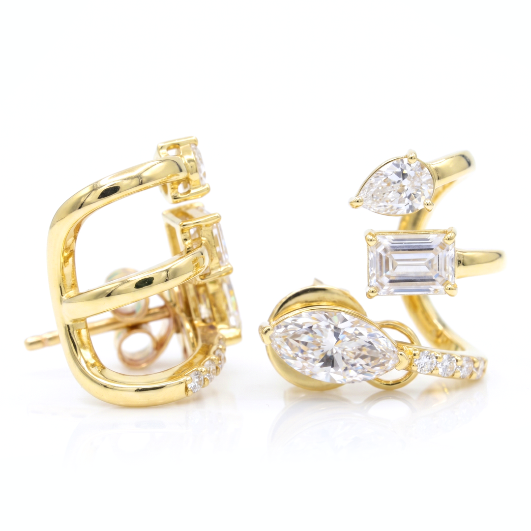 Multi-Shape Diamond Curved Crawler Earrings with Marquise, Emerald , Pear and pave Round cut in yellow gold side  & front view