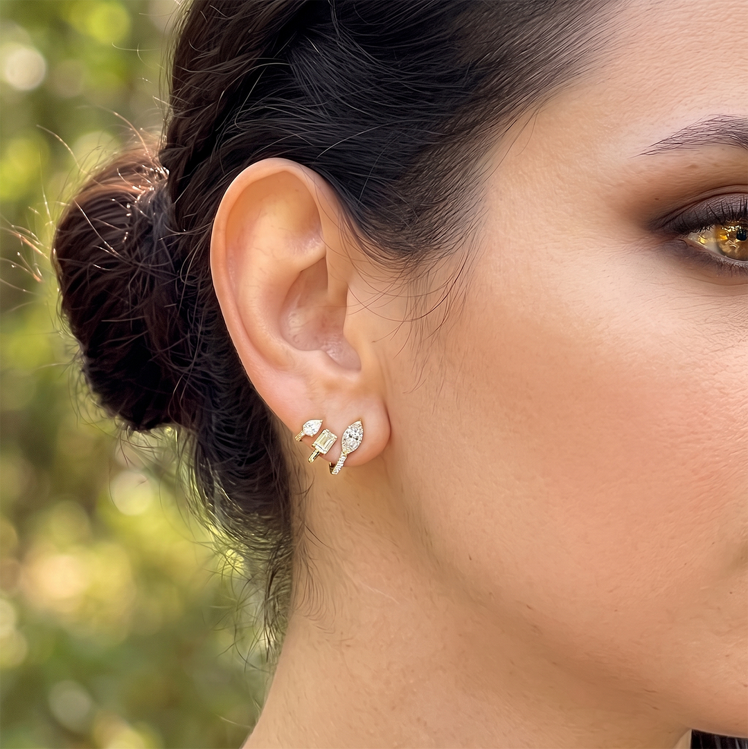 Multi-Shape Diamond Curved Crawler Earrings with Marquise, Emerald , Pear and pave Round cut in yellow gold on model