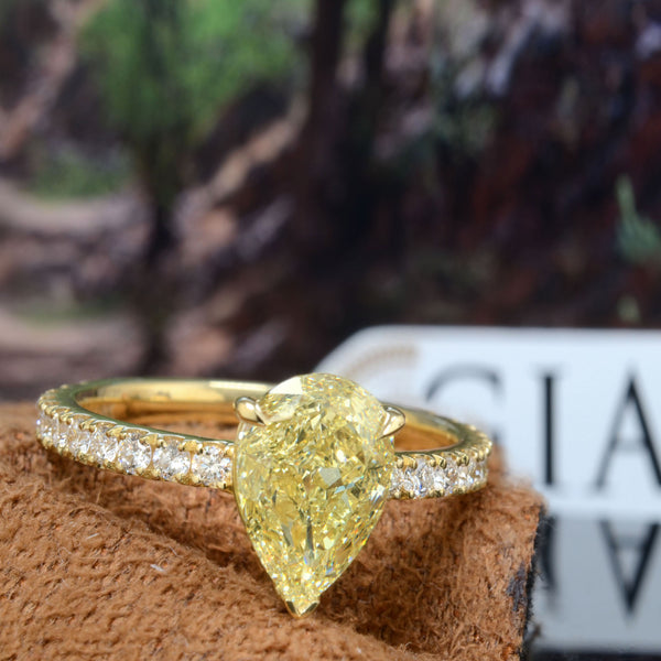 3.20 Ctw Canary Fancy Yellow Pear Cut Ring Low Profile VS2 GIA