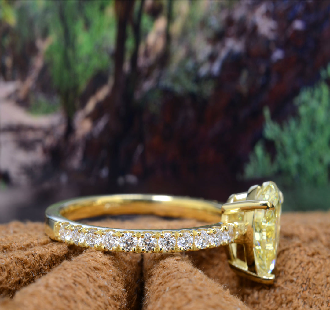 Outstanding Canary Yellow Pear Cut Ring, 3.20 Ctw VS2 GIA
