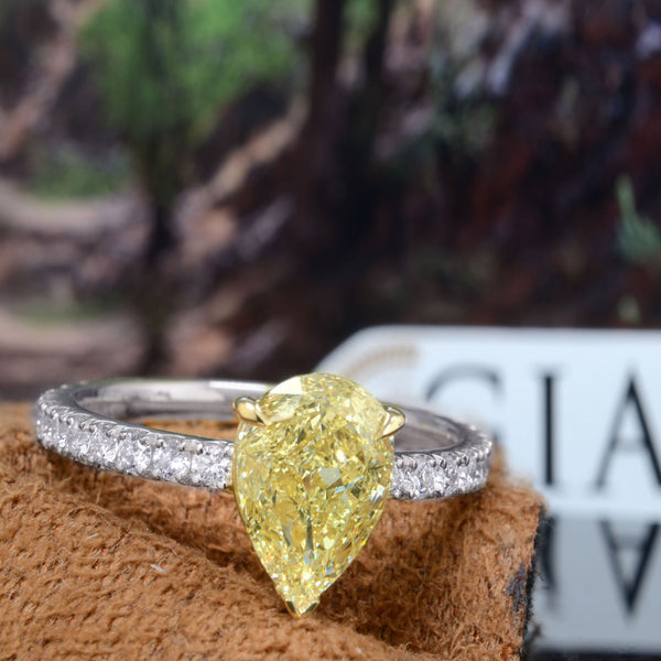 3.20 Ctw Canary Fancy Yellow Pear Cut Ring Low Profile VS2 GIA