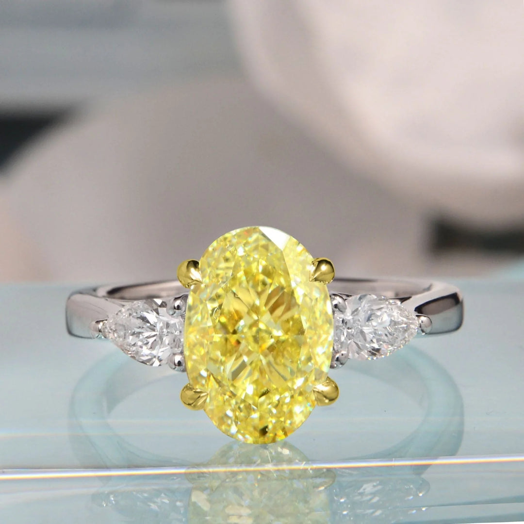 Lab Grown Yellow Oval Cut & Pear Shape 3-Stone Diamond Ring VVS2 IGI Certified