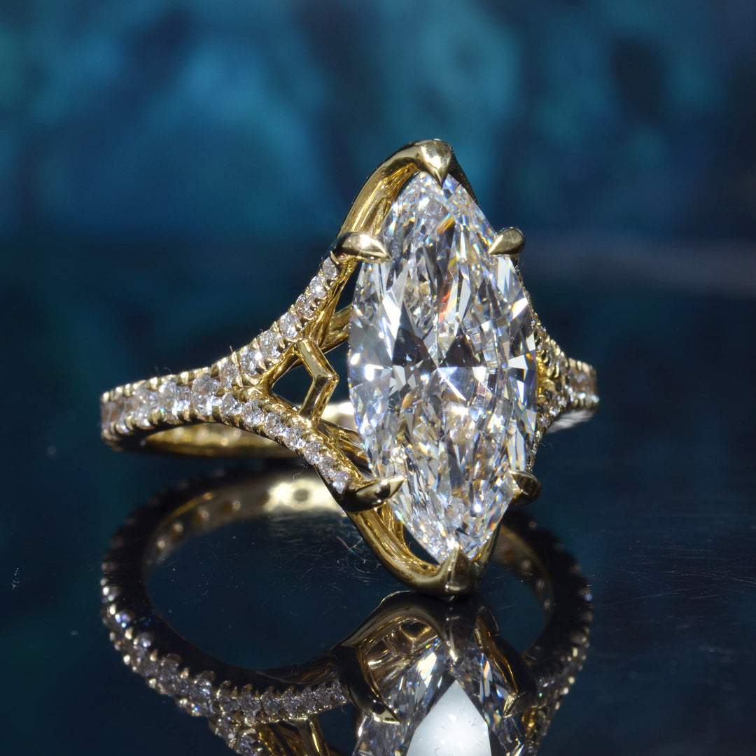 Marquise Diamond  Round U-Pave Split Shank Ring in yellow gold